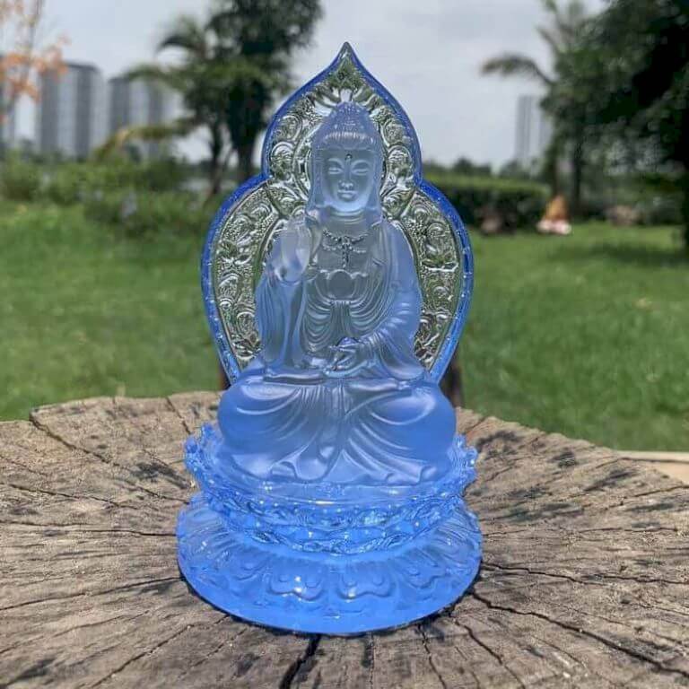 Tượng Phật Bà Quan Âm chất liệu lưu ly cao cấp màu xanh dương